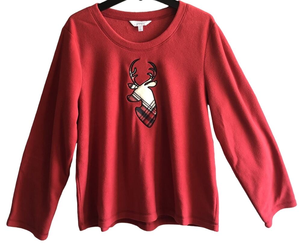 PajamaGram Red Fleece Plaid Reindeer Graphic Pajama Sweatshirt Top Size L